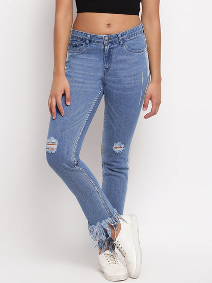 Women Mid Blue Slim Fit Distressed Denim Jeans