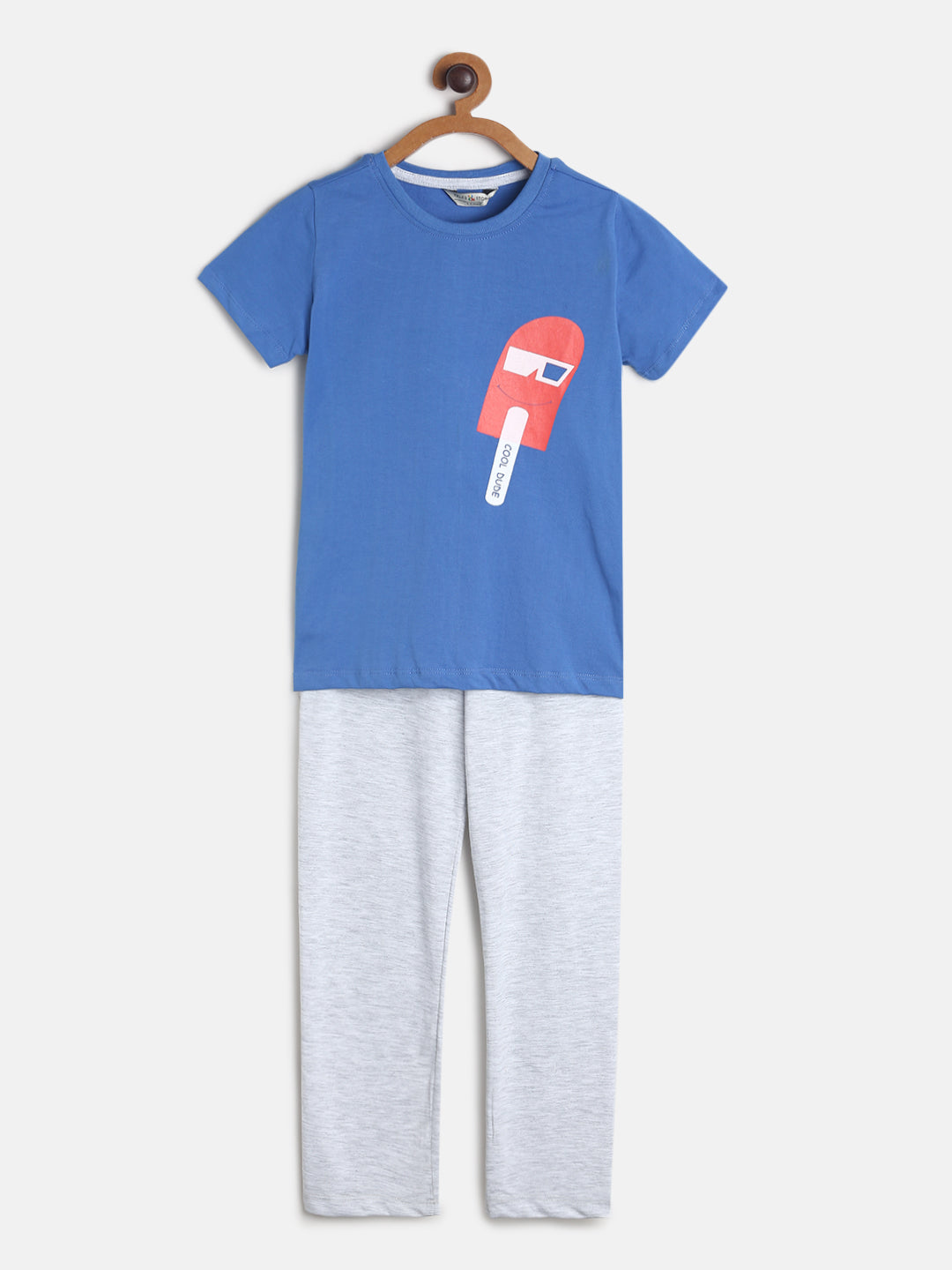 Boys Light Grey & Blue Printed Cotton Night Suit