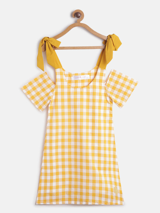 Girls Regular Fit Cold Shoulder Yellow Checks Cotton Dress