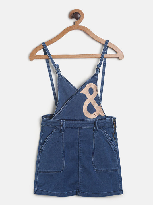 Girls Dark Blue Cotton Embroidered Dungaree