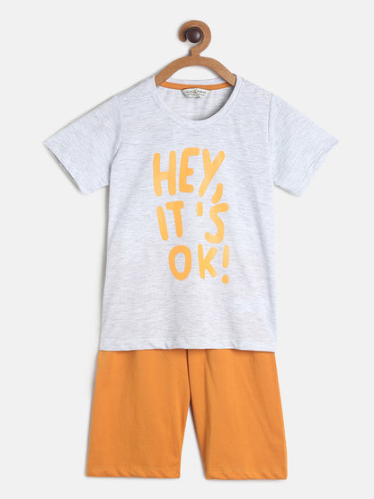 Boys Light Grey & Orange Printed Cotton Night Suit