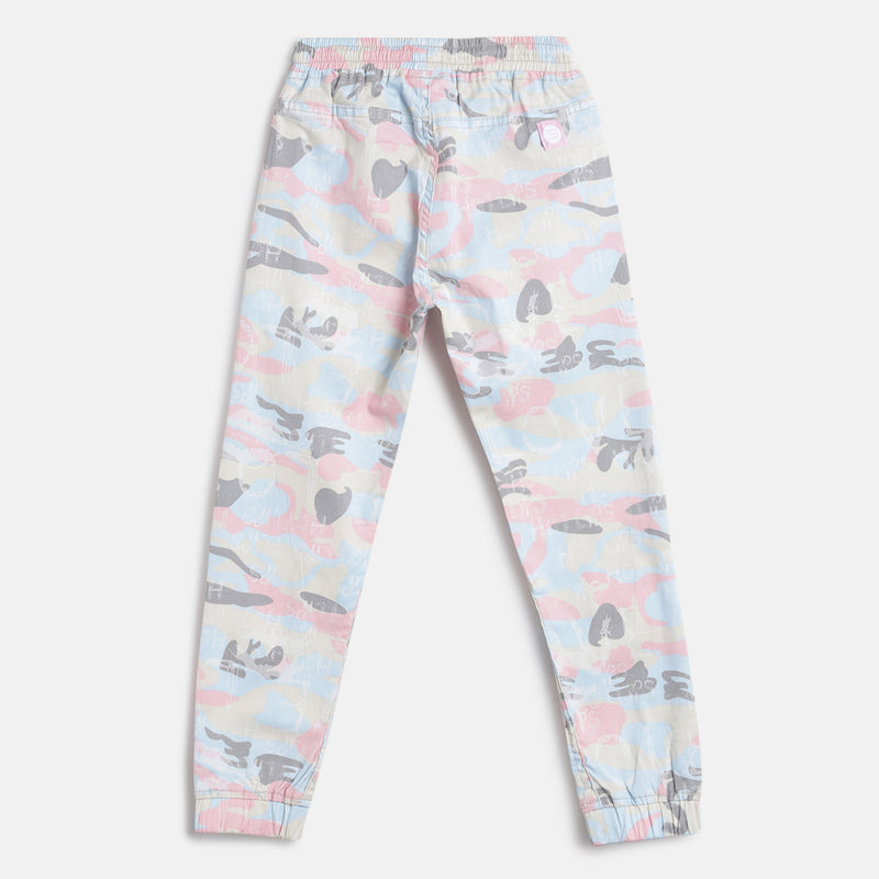 Girls Light Pink Regular Fit Printed Cotton Jogger 