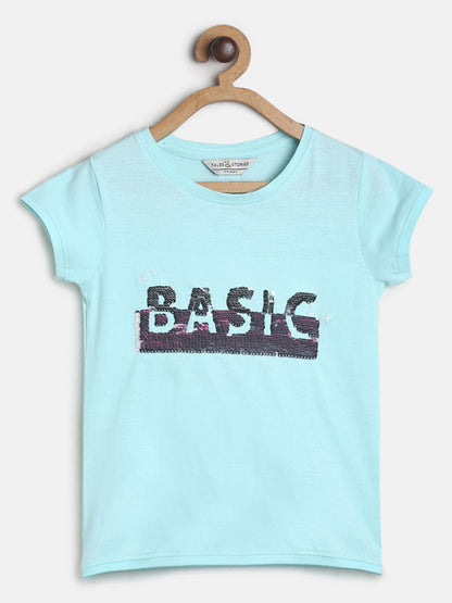 Girls Sky Blue Printed T-shirt