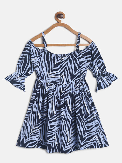 Girls Cold Shoulder Sky Blue Printed Dress 