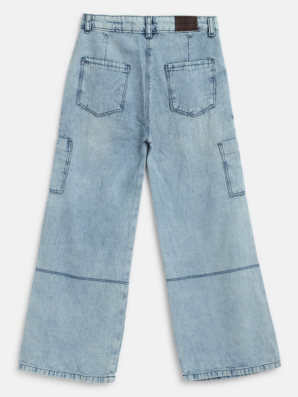 Girls Blue Wide Leg Fade Jeans