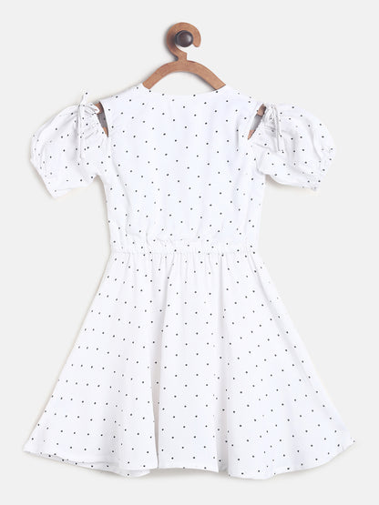Girls White Printed Cold Shoulder Dress