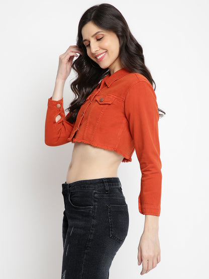 Women Rust Cropped Denim Jacket