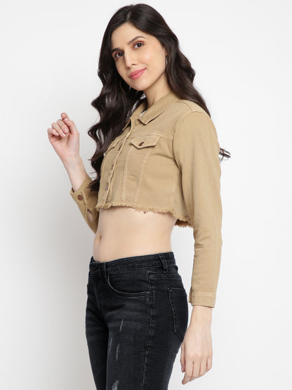 Women Khakhi Cropped Denim Jacket