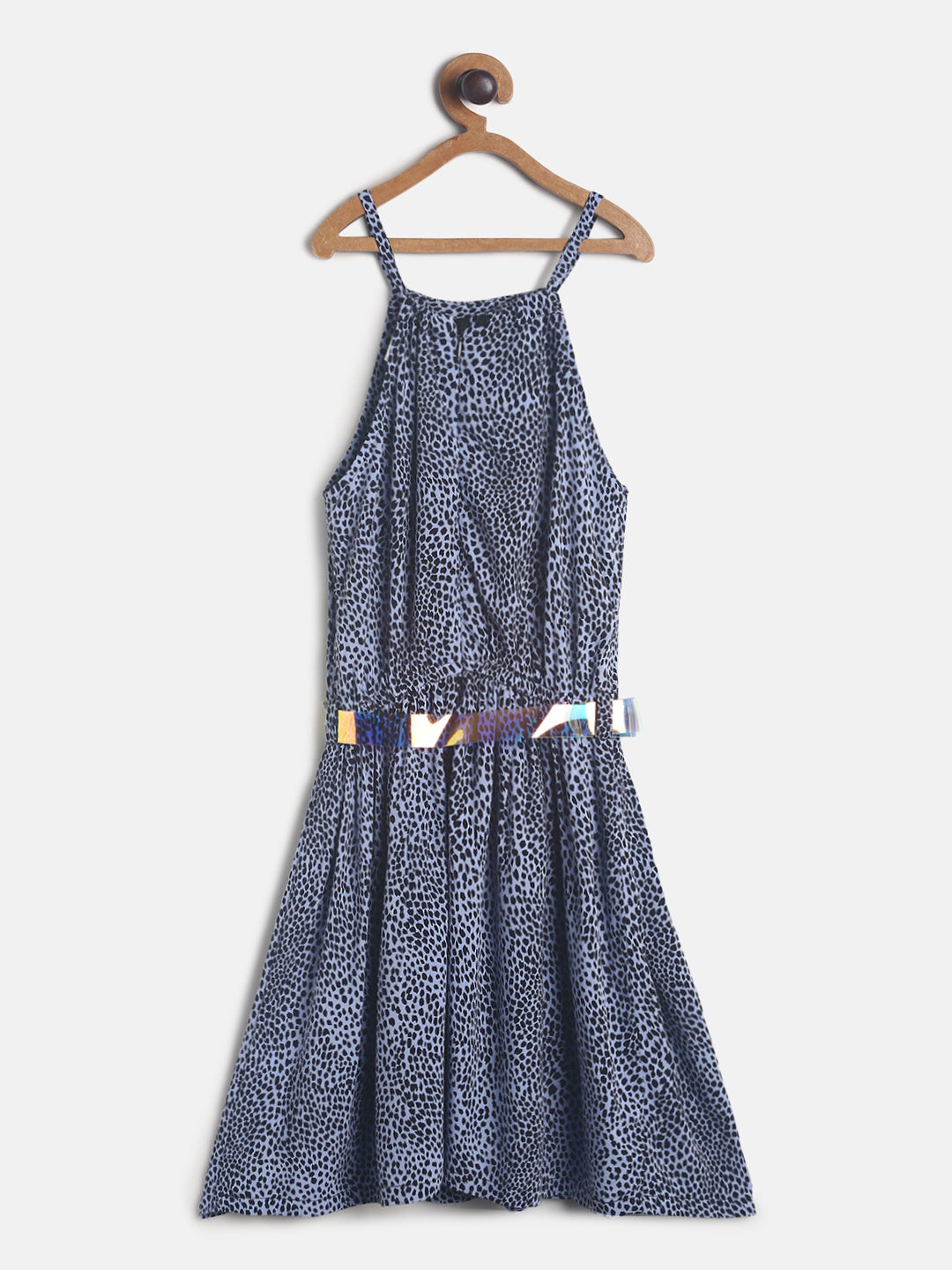 Girls Dark Blue Printed Dress With Belt 