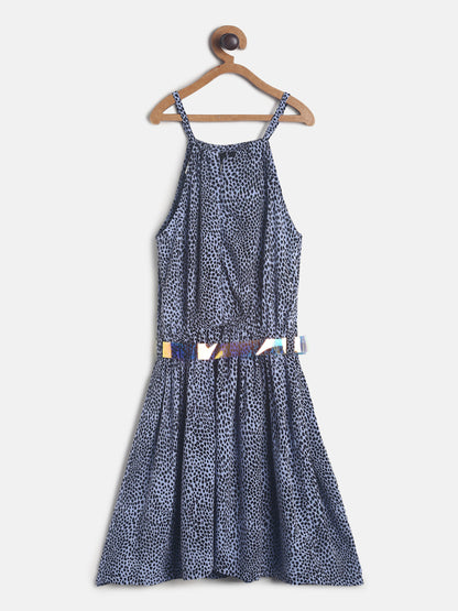 Girls Dark Blue Printed Dress With Belt 