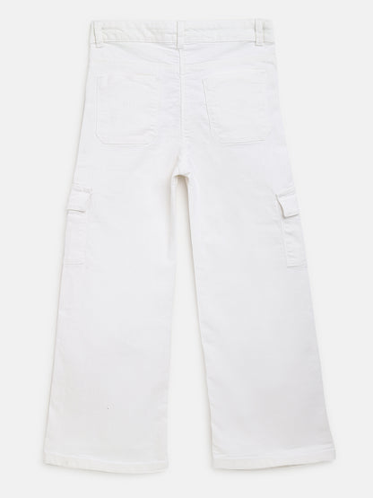 Girls White Solid Cotton Trousers