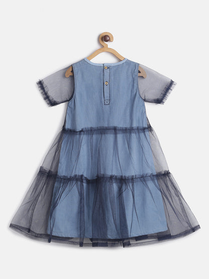 Girls Round Neck Navy Blue Regular Fit Denim Dress