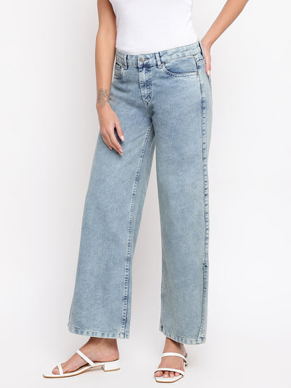 Women Light Blue Split Flared Jeans