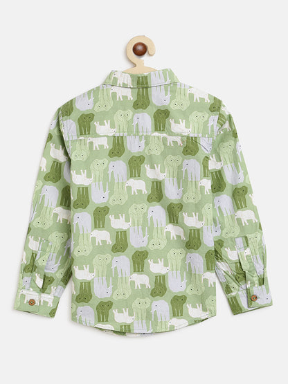 Boys Green Animal Print Shirt