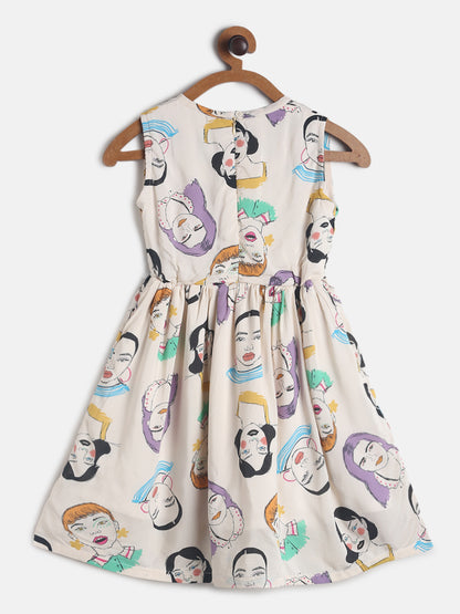 Girls Beige Printed Cotton Dress