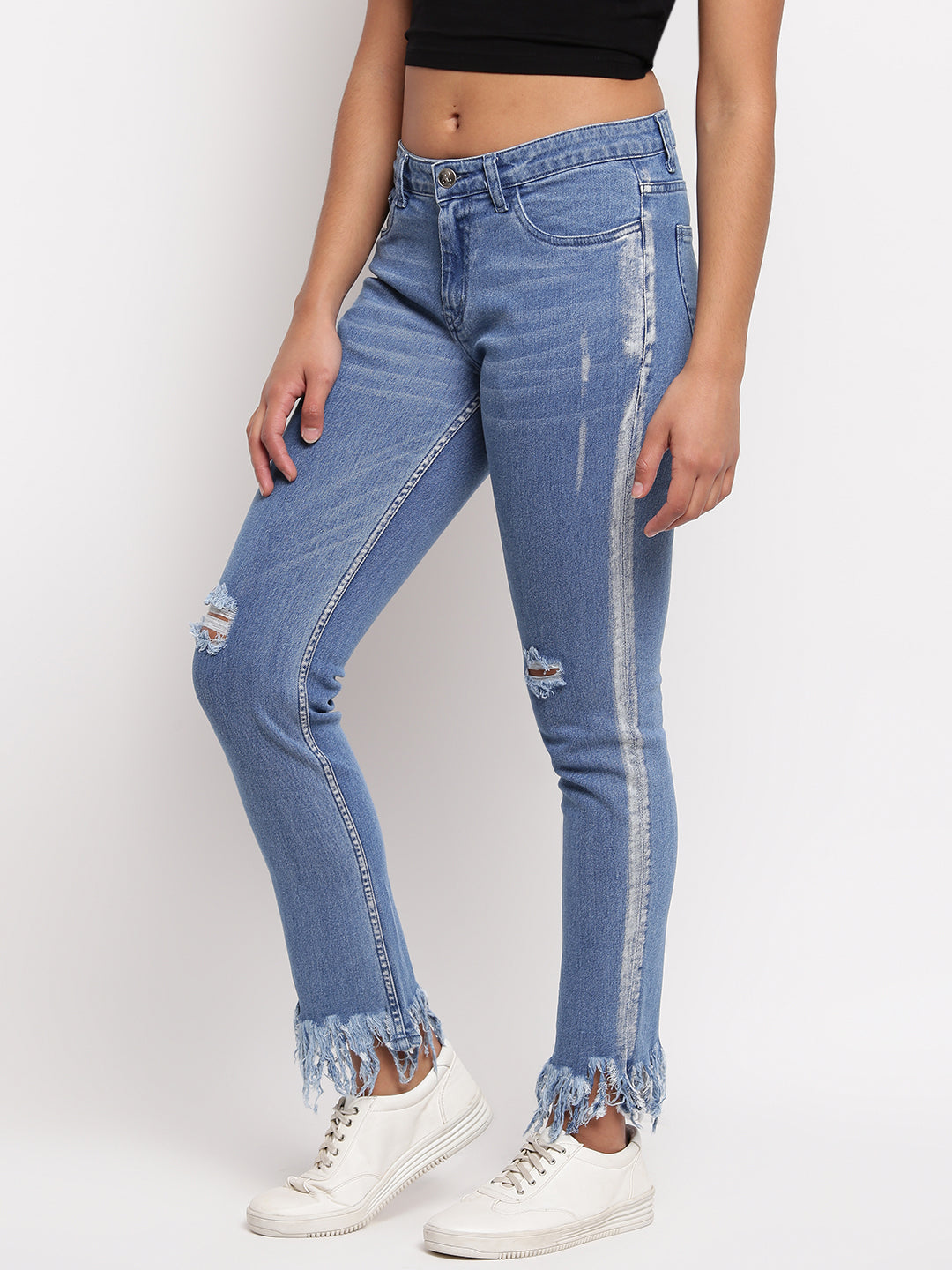 Women Mid Blue Slim Fit Distressed Denim Jeans
