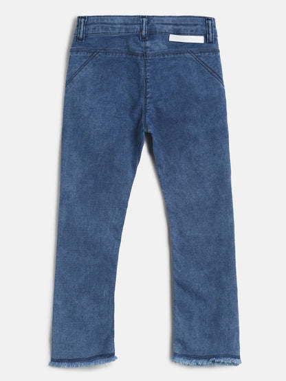 Girls Mid Blue Embroidered Denim Jeans