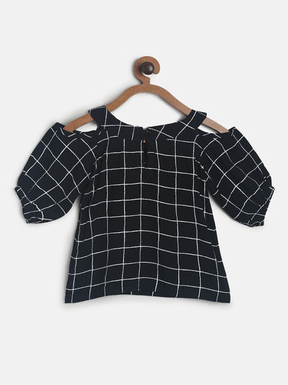 Girls Black Checks Cold Shoulder Top 