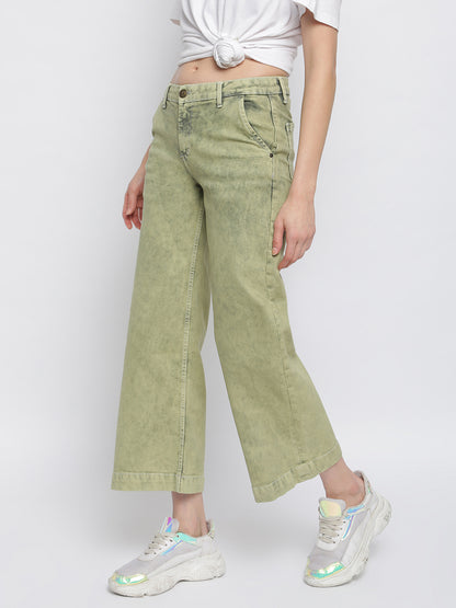Women Olive Flared Denim Jeans