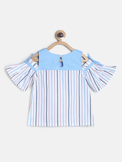Girls Stripe Printed Cold Shoulder Top