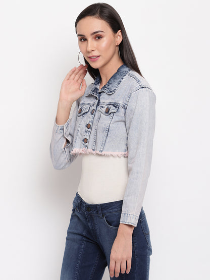 Women Pink Tinted Cropped Denim Jacket