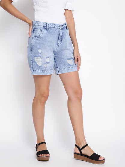Women Light Blue Distressed Denim Shorts