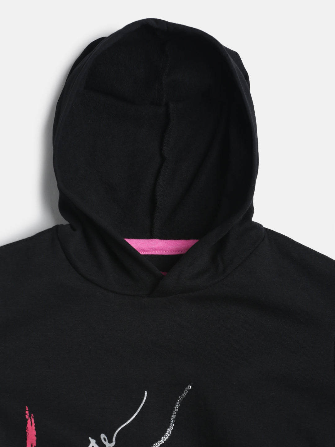 Girls Black Printed Cotton Regular Fit Sweatshirt With Hood