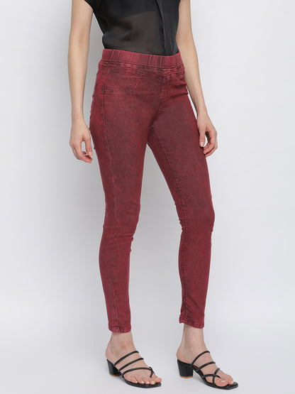 Women Maroon Denim Jegging