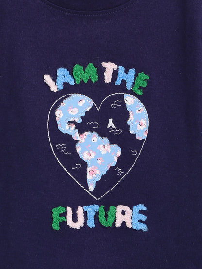 Girls Dark Blue Printed T-Shirt 