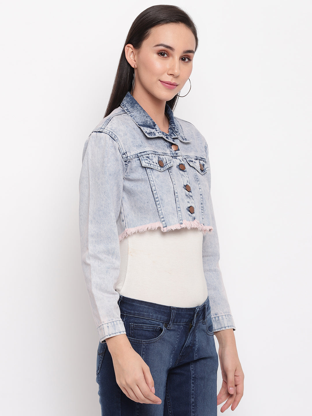 Women Pink Tinted Cropped Denim Jacket