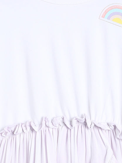 Girls White Cotton Dress With Rainbow Patch