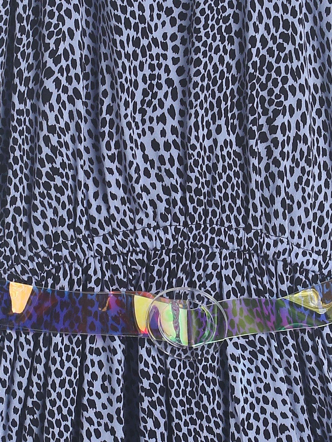 Girls Dark Blue Printed Dress With Belt 