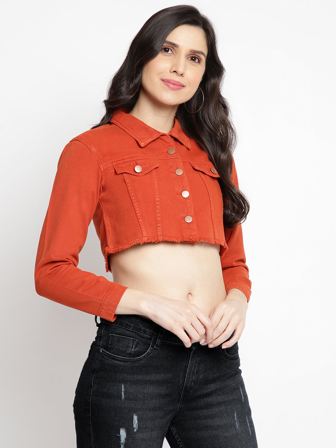Women Rust Cropped Denim Jacket With Belt