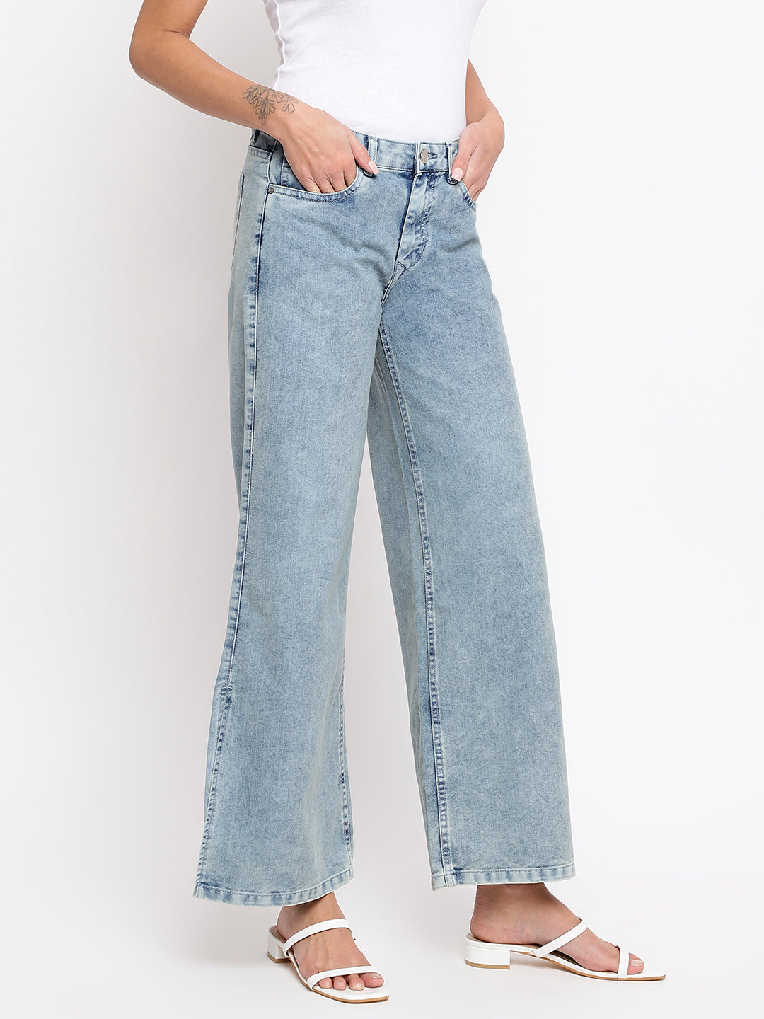 Women Light Blue Split Flared Jeans