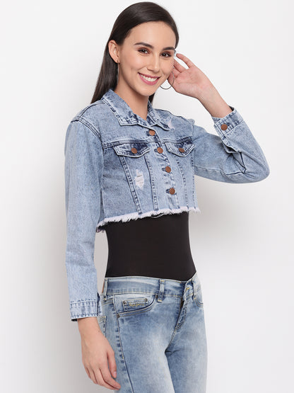 Women Light Blue Fray Hem Cropped Denim Jacket