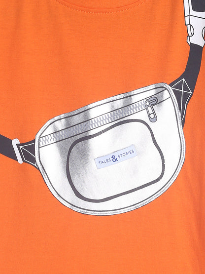 Boys Neon Orange Printed Cotton T-shirt