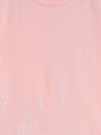 Boys Regular Fit Light Pink Embroidered Cotton T-shirt