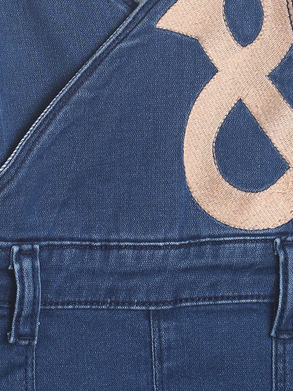 Girls Dark Blue Cotton Embroidered Dungaree
