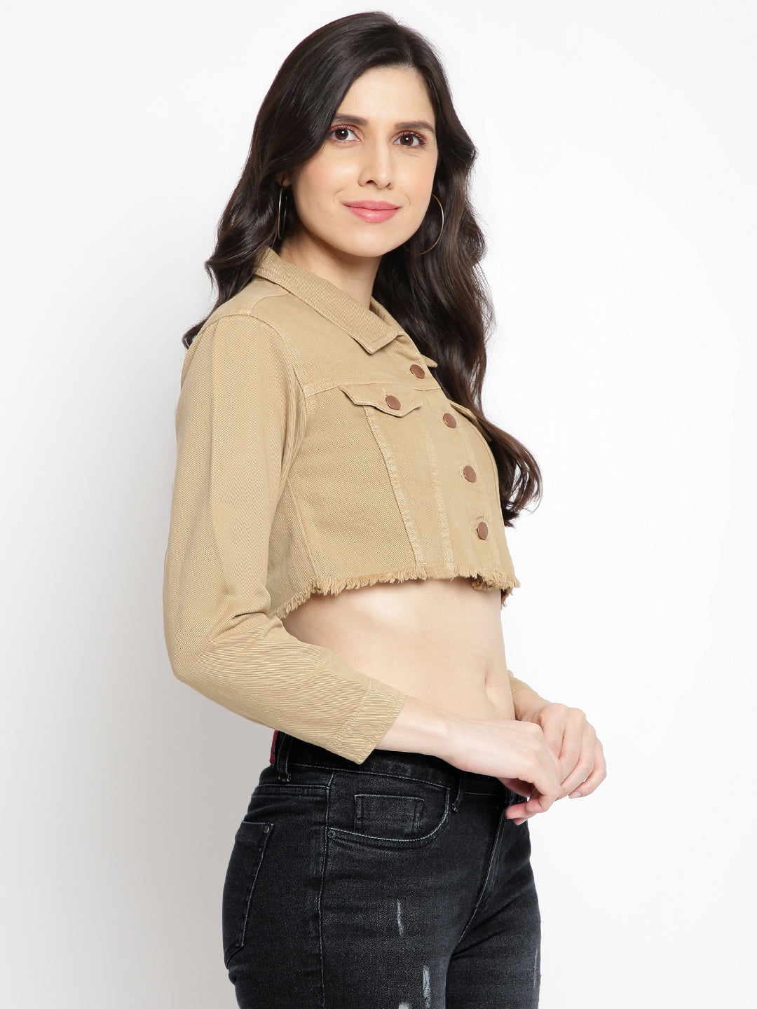 Women Khakhi Cropped Denim Jacket