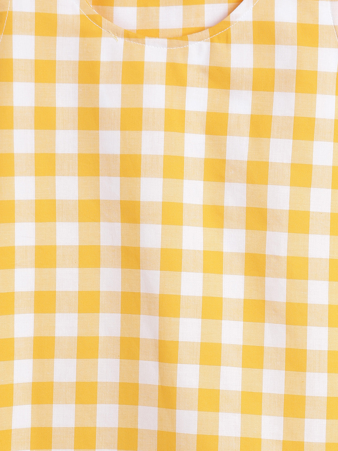 Girls Regular Fit Cold Shoulder Yellow Checks Cotton Dress