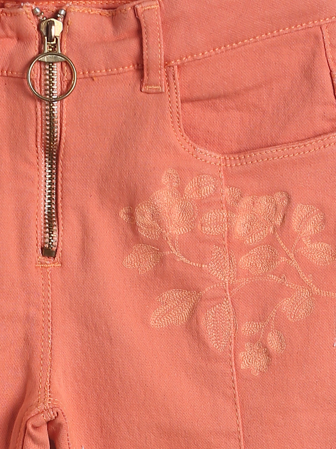 Girls Orange Embroidered Cotton Trouser