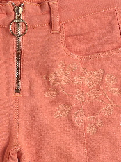 Girls Orange Embroidered Cotton Trouser