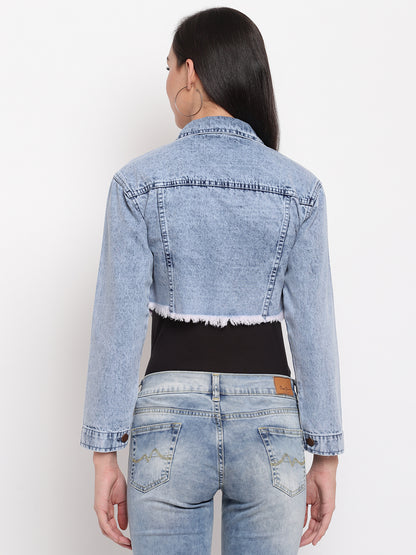 Women Light Blue Fray Hem Cropped Denim Jacket