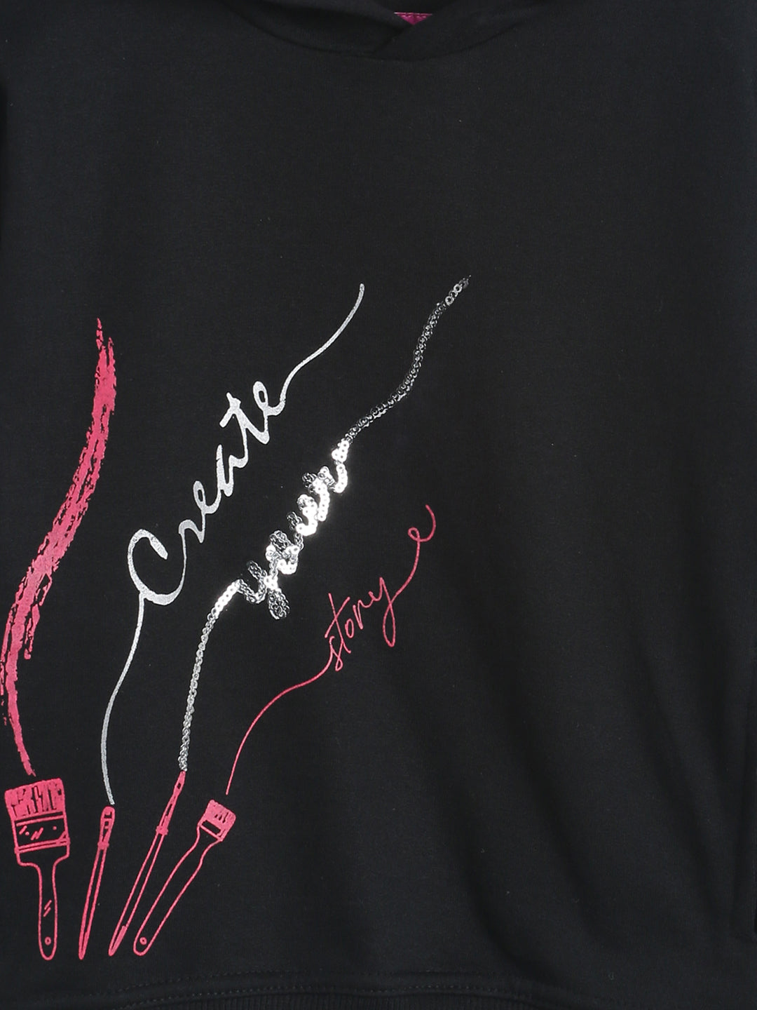 Girls Black Printed Cotton Regular Fit Sweatshirt With Hood
