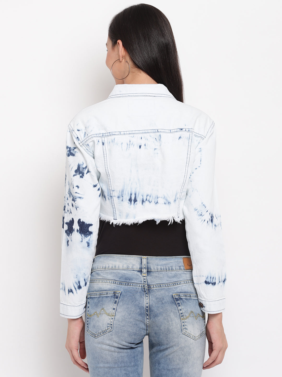 Women Light Blue Fray Hem Denim Jacket