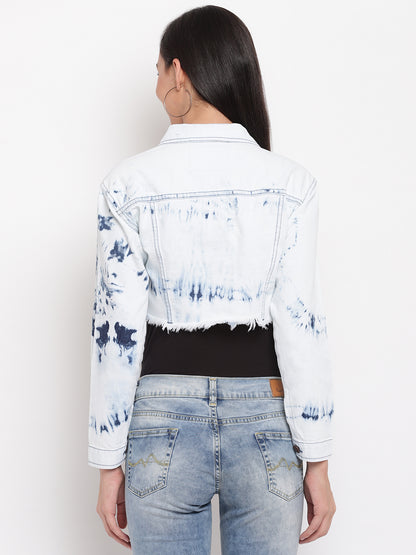 Women Light Blue Fray Hem Denim Jacket