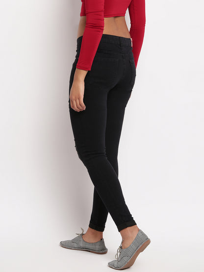 Women Black Mid Waist Skinny Fit Distressed Denim Jeans