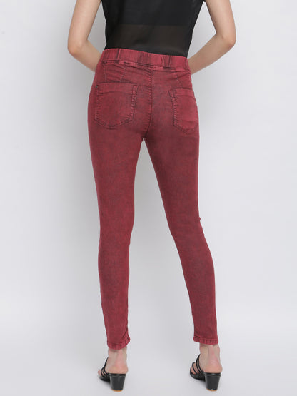 Women Maroon Denim Jegging