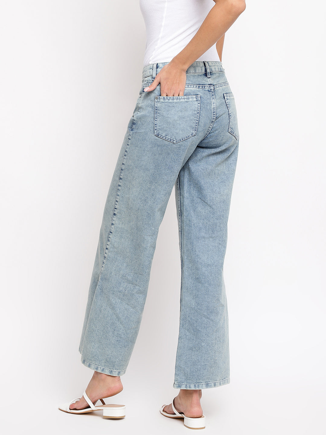 Women Light Blue Split Flared Jeans