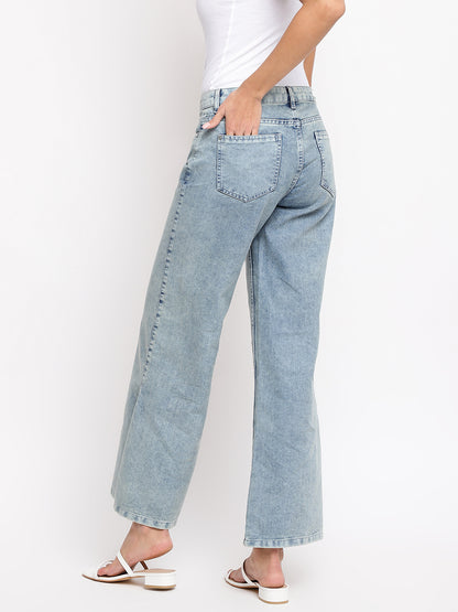 Women Light Blue Split Flared Jeans